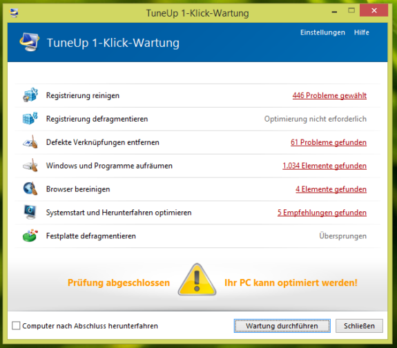 TuneUp Utilities im Test: Im Test gefundene Probleme während der ersten 1-Klick-Wartung