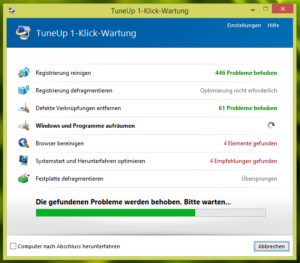TuneUp Utilities im Test: Mit einem Klick werden gefundene Probleme automatisch behoben.