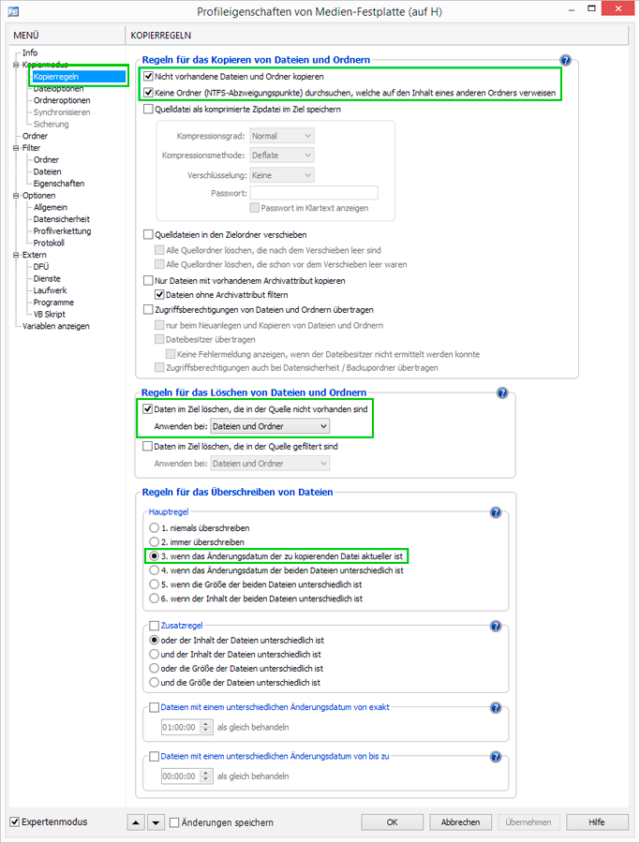 AllSync Datensicherung - Kopierregeln