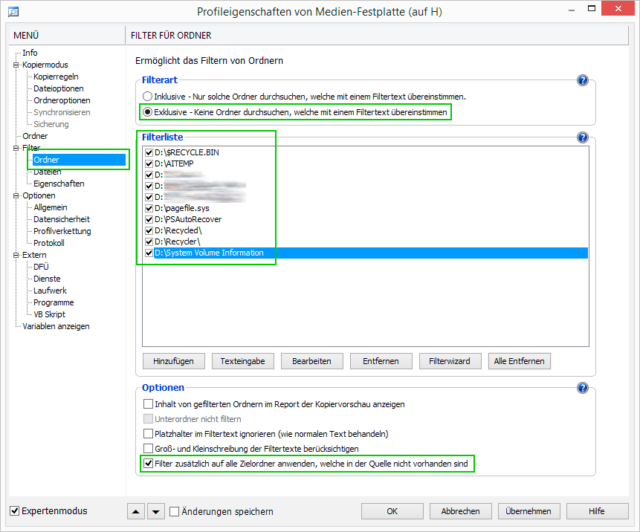 AllSync Datensicherung - Wichtige Filteroptionen