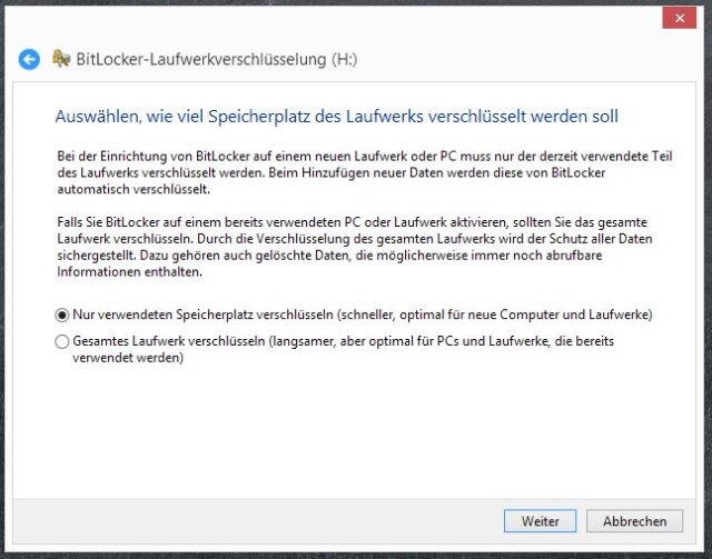 Bitlocker einrichten: Wie viel Speicherplatz soll verschlüsselt werden?
