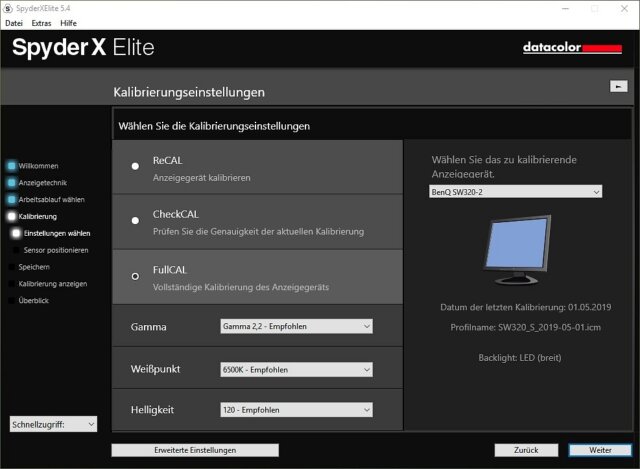 SpyderX Elite - Einstellungen der Kalibrierung