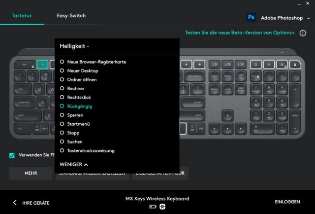 Logitech Options Software: Ein Klick auf eine geeignete Taste in der Software genügt, um diese mit einer anderen Funktion zu belegen