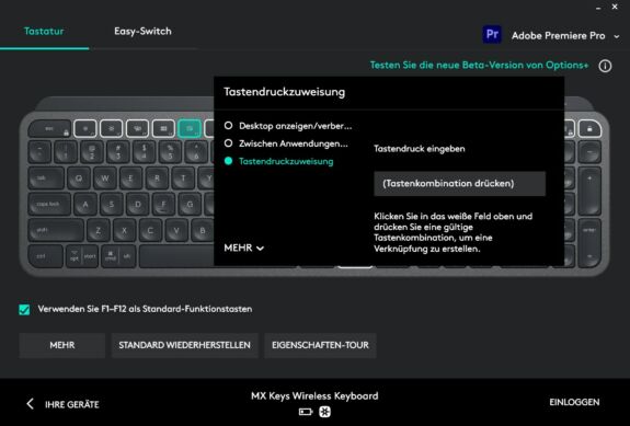 Logitech Options Software: Einzelnen Sondertasten der Tastatur können sogar Tastendruck-Kombinationen zugewiesen werden (oftmals hilfreich in Kreativsoftware wie Adobe Premiere Pro oder Adobe Photoshop)