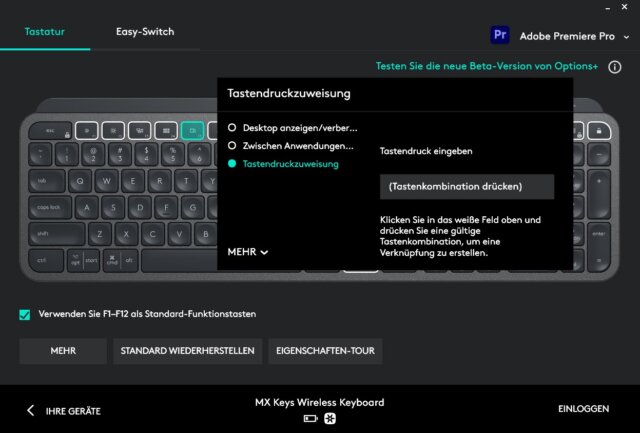 Logitech Options Software: Einzelnen Sondertasten der Tastatur können sogar Tastendruck-Kombinationen zugewiesen werden (oftmals hilfreich in Kreativsoftware wie Adobe Premiere Pro oder Adobe Photoshop)