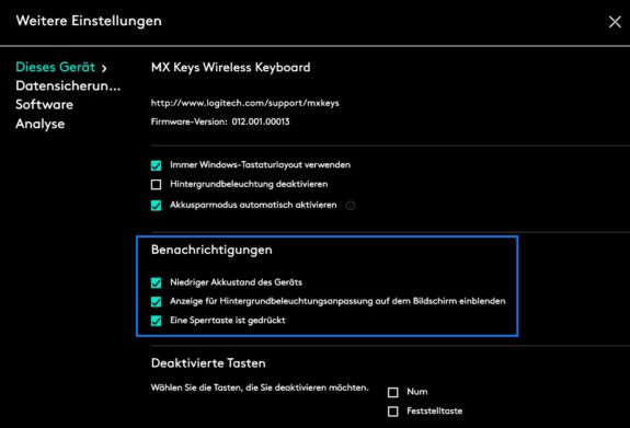 MX Keys im Test - Logitech Options Software: Benachrichtigungen über niedrigen Akkustand, Änderung der Hintergrundhelligkeit oder gedrückter Sperrtaste können aktiviert oder deaktiviert werden