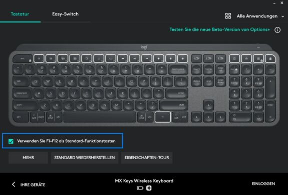 Wer statt der Multimedia-Tasten die Standard-Funktionstasten standardmäßig verwenden möchte, kann diese Einstellung mit einem Klick vornehmen