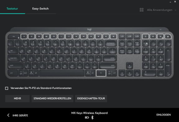 MX Keys im Test - Logitech Options Software: Die Tastatur bietet zahlreiche Funktions- und Sondertasten, die generell oder anwendungspezifisch frei belegbar sind