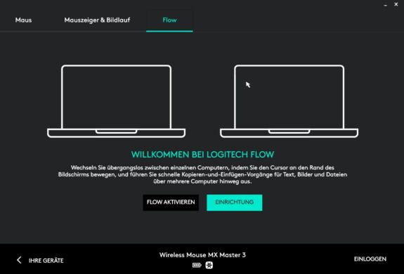 MX Master 3 im Test – Logitech Options Software: Mit der Flow-Funktion kann der Mauszeiger geräteübergreifend mit fließendem Übergang verwendet werden