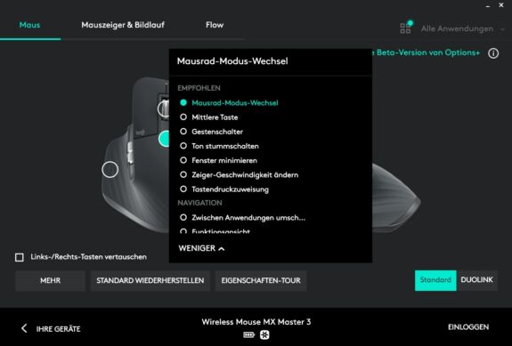 Logitech Options Software: Den Tasten der Maus können andere Funktionen zugewiesen werden (linke und rechte Maustaste ausgenommen)