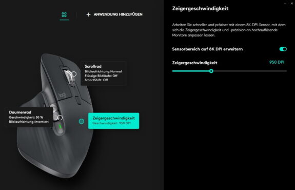 Die Sensor-Empfindlichkeit ist über Logitech Options+ individuell anpassbar