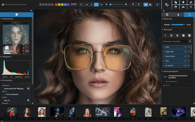 Excire Foto 2025: Suche nach Gesicht mit braunen Haaren und Brille